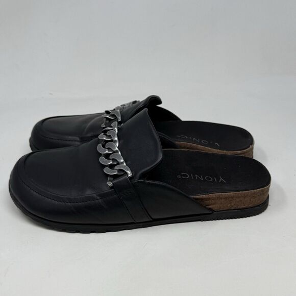 Vionic Georgie Mules Womens 8 Black Leather Silver Chain Slip On Comfort Flats - Picture 2 of 15